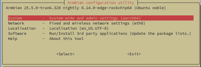 Armbian configuration utility TUI showing main menu with System, Network, Localisation, Software, and Help options on Ubuntu noble aarch64