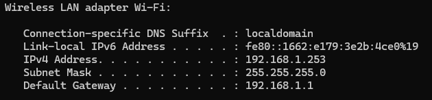 ipconfig output showing WiFi adapter IPv4 address