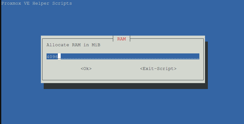 Helper Scripts TUI showing CPU cores set to 2 and RAM set to 4096MB