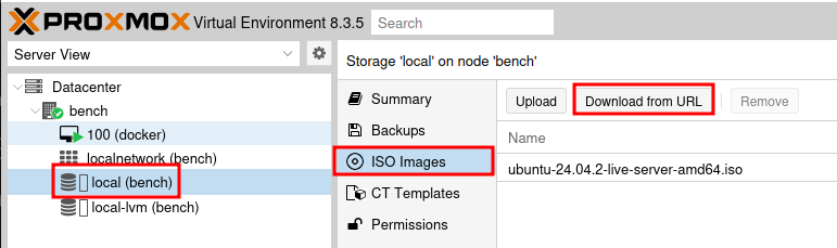 Proxmox local storage with ISO Images and Download from URL button