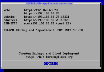 TurnKey Nextcloud Appliance Services summary showing all access URLs and ports