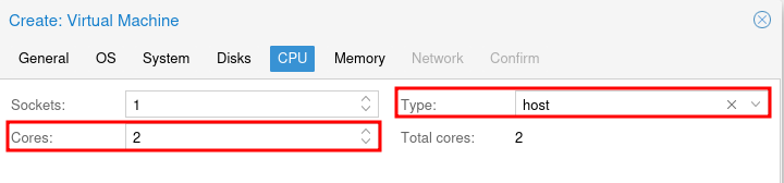 Proxmox Create VM CPU tab with 2 cores and host type