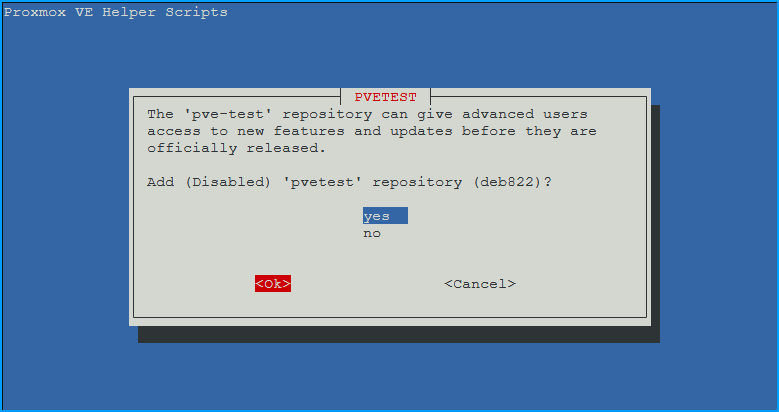 Dialog asking to add a disabled pvetest repository in deb822 format with yes selected