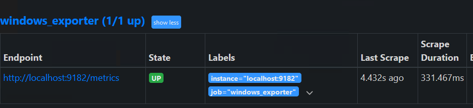 Prometheus web UI targets page showing windows_exporter (1/1 up) with endpoint http://localhost:9182/metrics in UP state, last scrape 4.432s ago