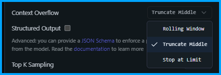 LM Studio context overflow dropdown showing Rolling Window, Truncate Middle, and Stop at Limit options