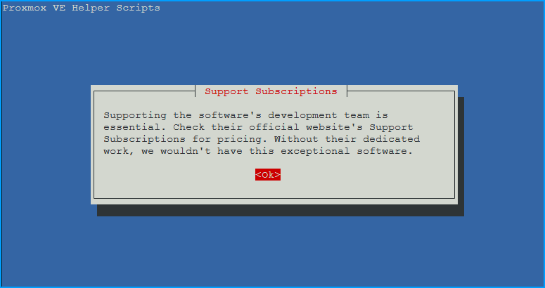 Support Subscriptions informational dialog encouraging support for the Proxmox development team