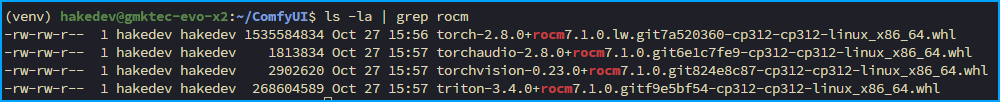 Terminal output inside the ComfyUI virtual environment showing ls -la | grep rocm with four downloaded wheel files: torch, torchaudio, torchvision, and triton for ROCm 7.1.0 and Python 3.12
