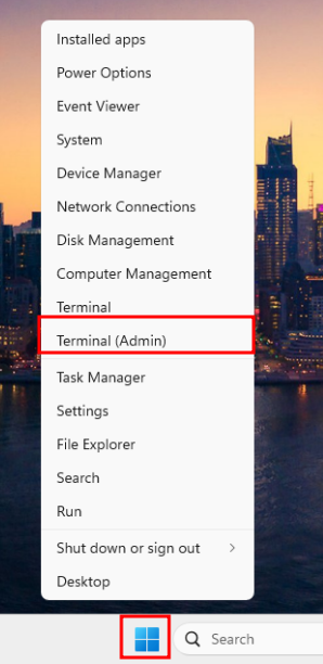 Windows Start menu with Terminal (Admin) highlighted