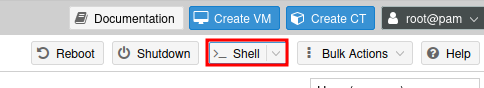Proxmox web interface showing the Shell button