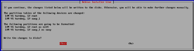 Debian Installer final partition write confirmation with Yes selected