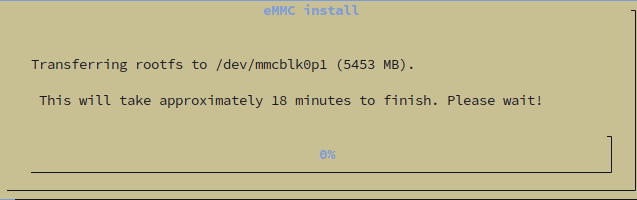 Armbian install dialog showing transferring rootfs to /dev/mmcblk0p1 (5453 MB) with progress bar at 0% and estimated 18 minutes
