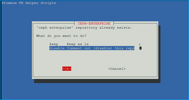 Dialog showing options to keep or disable the ceph enterprise repository, with disable selected