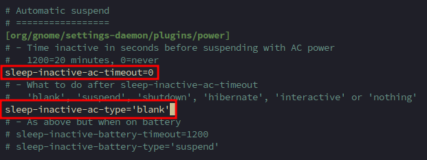 Terminal showing nano editor with gdm3 greeter.dconf-defaults suspend settings
