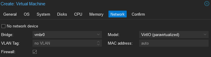 Proxmox Create VM Network Tab